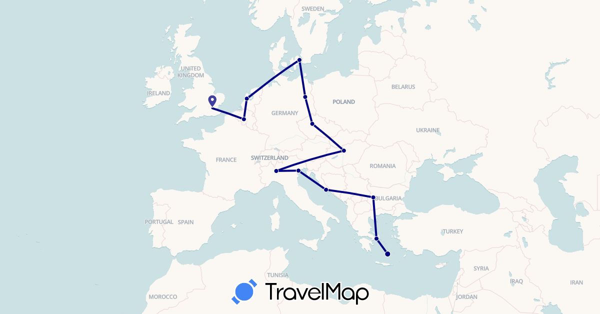 TravelMap itinerary: driving, train in Belgium, Bulgaria, Czech Republic, Germany, Denmark, United Kingdom, Greece, Croatia, Hungary, Italy, Netherlands (Europe)