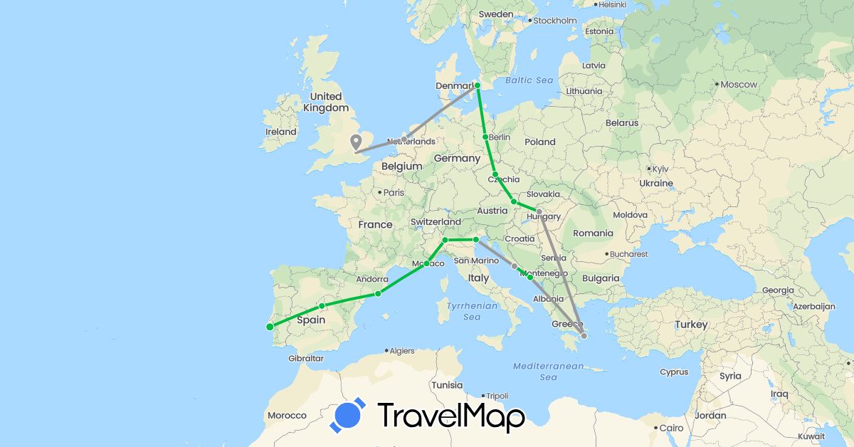 TravelMap itinerary: driving, bus, plane in Austria, Czech Republic, Germany, Denmark, Spain, France, United Kingdom, Greece, Croatia, Hungary, Italy, Netherlands, Portugal (Europe)