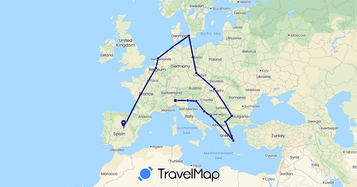 TravelMap itinerary: driving in Belgium, Bulgaria, Czech Republic, Denmark, Spain, Greece, Croatia, Hungary, Italy, Macedonia, Netherlands (Europe)