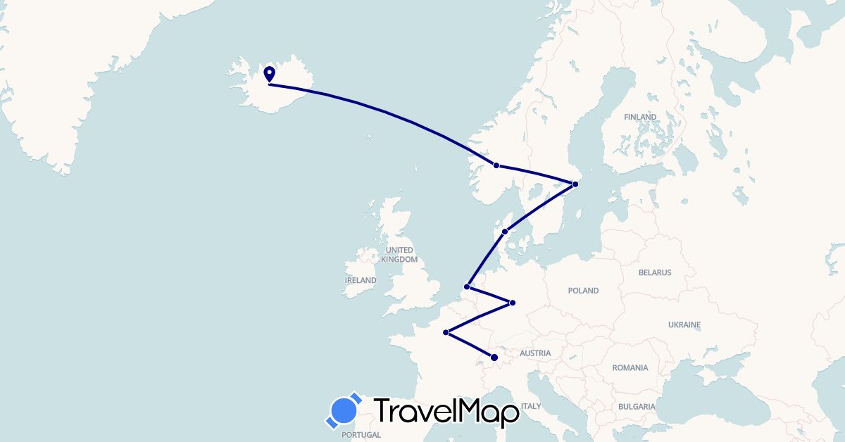 TravelMap itinerary: driving in Switzerland, Germany, Denmark, France, Iceland, Netherlands, Norway, Sweden (Europe)